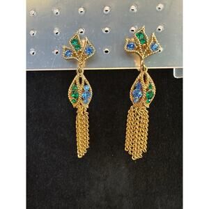 Lisner Gold Tone Dangle Clip On Earrings Blue Green Rhinestone Vintage‎